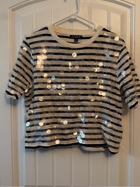 J. Crew Navy and White Striped Sequin Short Sleeve Tee